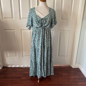 Womens Maxi Dress Plus Sz 18-20 Ruched Tiered Ditsy Floral Cottagecore Blue
